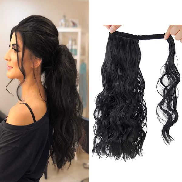 

thick clip in pony tail hair extensions wrap drawstring human hair clip on ponytail human hairpieces 140g look full, Black