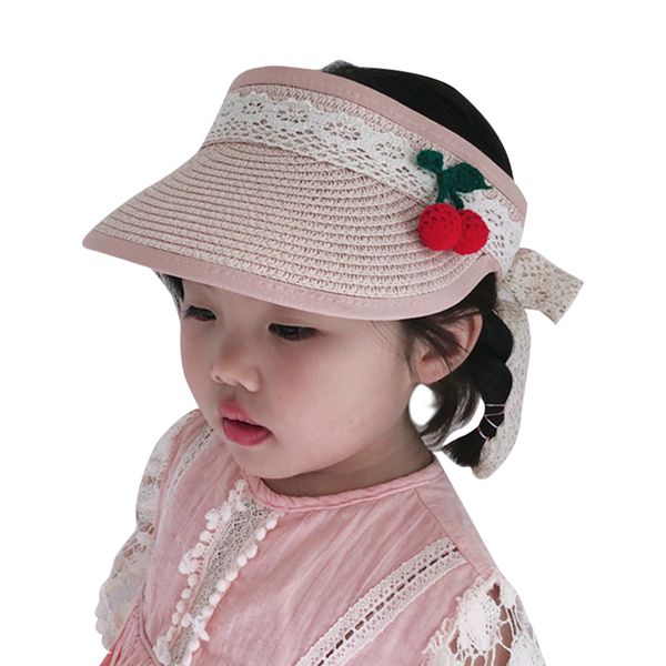 

baby girl sun hats handmade straw visor caps cute cherry child hat empty beach hat, Yellow