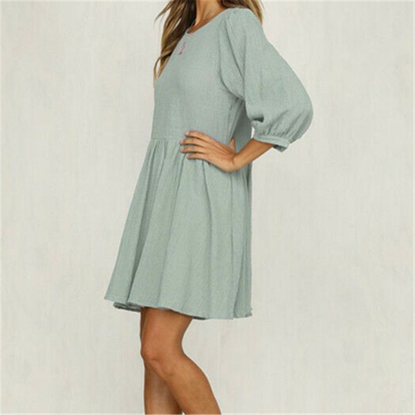 

sweet style spring womens holiday casual mini dress ladies three quarter puff sleeve blouse summer beach swing pleated sun dress, Black;gray