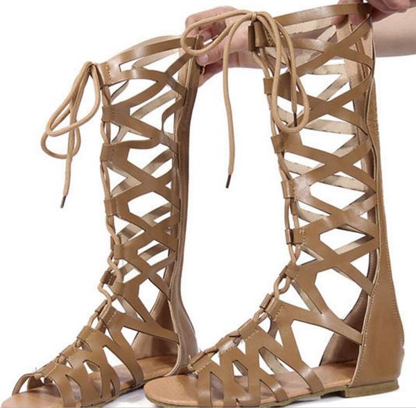

women sandals boots rome knee high zapatos mujer ladies summer flat casual shoes woman cross-tied lace up zip chaussure f181288, Black