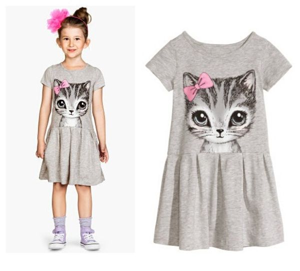 

new arrival summer girl dress cat print grey baby girl dress children clothing children dress 2-10years, Red;yellow