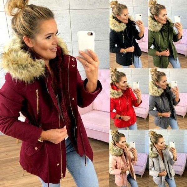 

2019 women parka fashion autumn winter warm jackets women fur collar coats pocket zip hoodies office lady cotton coats plus size, Black