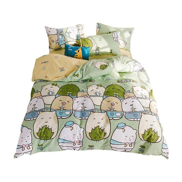 

cartoon green cats cute grass duvet cover set flat fitted sheet cotton bedlinens hypoallergenic twin  size bedding set