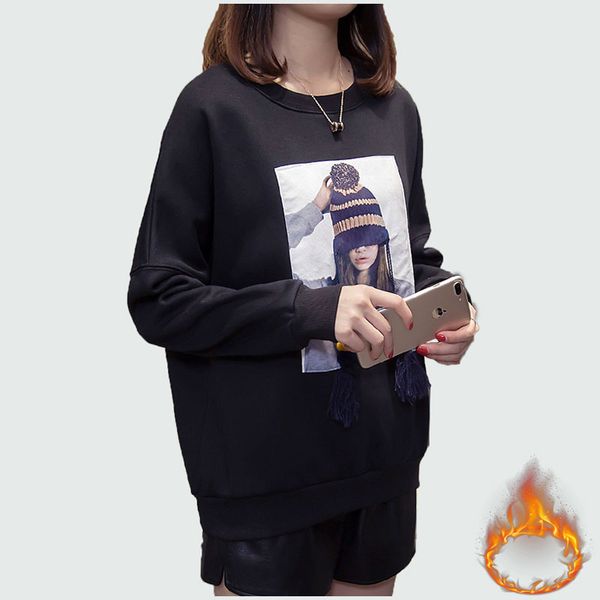 

large size ladies loose velvet warm pullover harajuku sweatshirt 2018 autumn winter women fashion o-neck print women, Black
