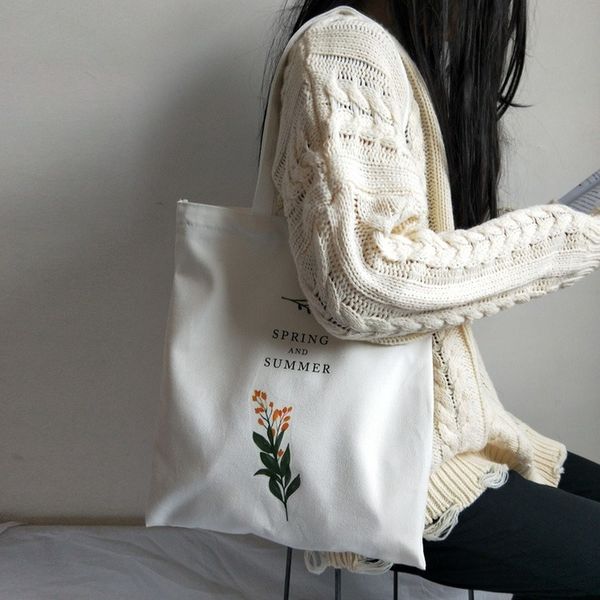 

women's casual canvas shoulder bag flowers printing shopping bag cotton cloth lady handbag eco reusable large tote shopper bags