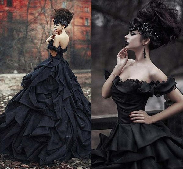 Schwarzes gotisches Ballkleid Brautkleider von Schulterstufte Falten Spitze Victorian Spürhöhe Korsett Outdoor Braut Cosplay-Kleid