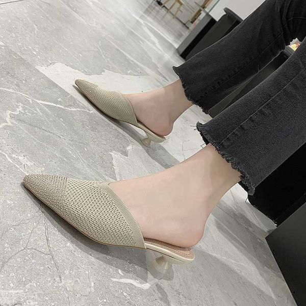 

knit mules shoes woman breathable pointed toe slippers summer shoes women casual stretch fabric sandals outdoor slippers 2020, Black