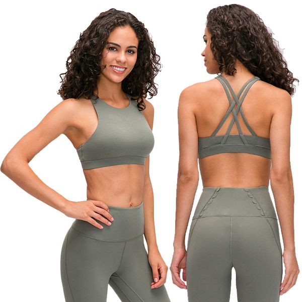 

ladies 2020 new lu-22 pull high round neck sports underwear female cross beauty back gather running yoga fitness quick dry dance clothe, White;red