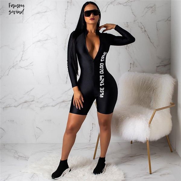 

black bodycon jumpsuit shorts for women long sleeve fitness rompers womens jumpsuit female streetwear women playsuit, Black;white