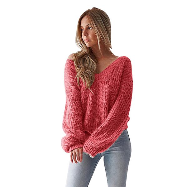 

2019 new winter clothes women new open back loose sweater women sweater long sleeve v-neck clothes sueter feminino, White;black