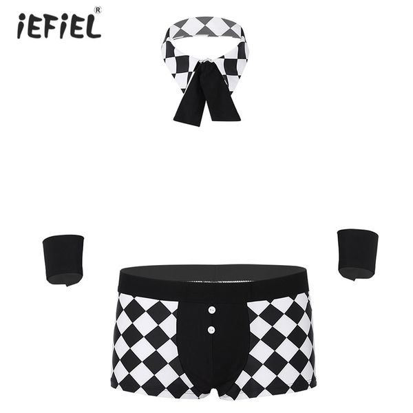 

novelty men maids butler cosplay costume lingerie male plaid role play party outfit clubwear exotic boxer panties underwear, Black;white