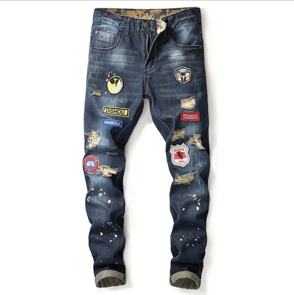 

new men's all-cotton hollow casual jeans, Blue