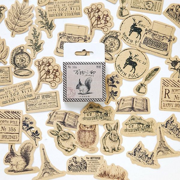

46pcs/lot vintage animal diary kawaii cute squirrel owl plant journal decor stickers scrapbooking sticker for kids other decorative stickers