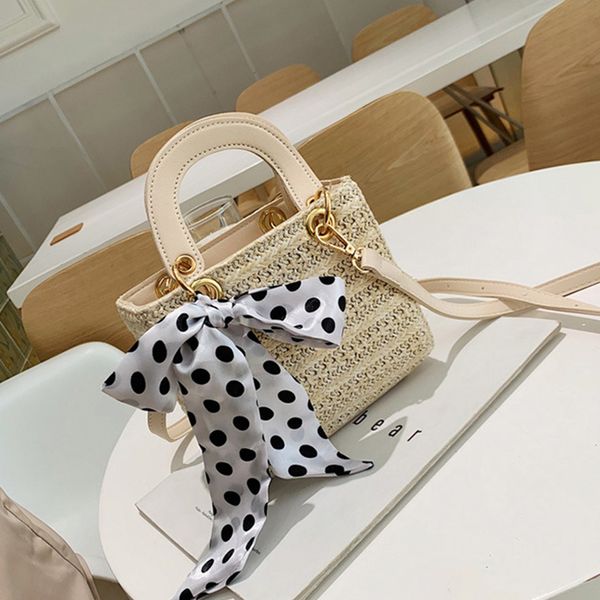 

luxury polka dot scarf straw women's handbags summer lace woven shoulder messenger bags designer solid color lady crossbody bag