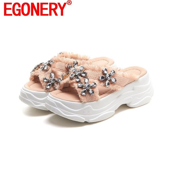

slippers egonery 2021 summer fashion wedges shoes ladies comfortable rhinestone platform big size 34-40 date dress, Black