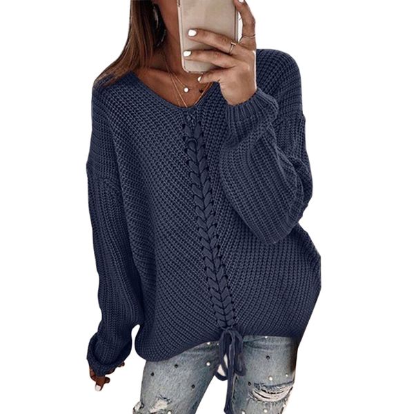 

2019 autumn casual v-neck sweter pull femme fashion lace up knitted pullover winter jumper solid loose sweater plus size 3xl, White;black