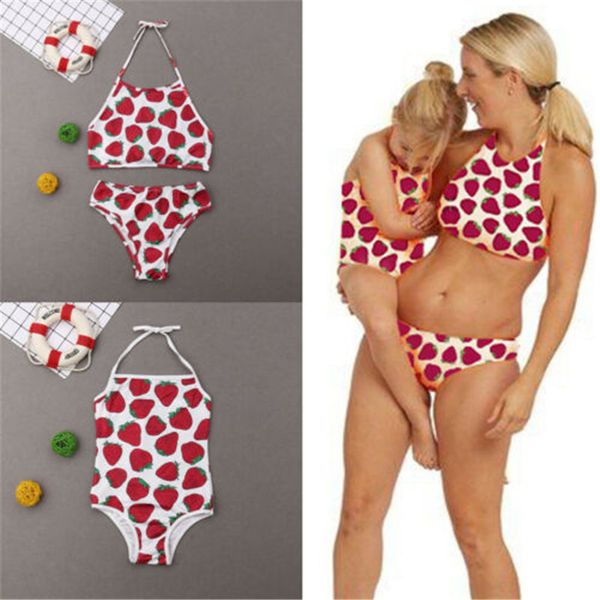 

2019 summer matching outfit mother daughter strawberry printing bikini set family baby swimwear swimming beachwear