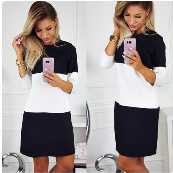 

women's stitching casual dress 2018 o-neck long sleeve color matching slim summer dress women loose mini dresses female, Black;gray