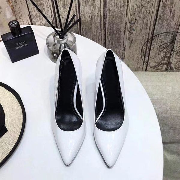 

european designer classic high-heeled heels women shoes patent leather pointed toe pumps shoes size 35-41 letter heels heel 1, Black
