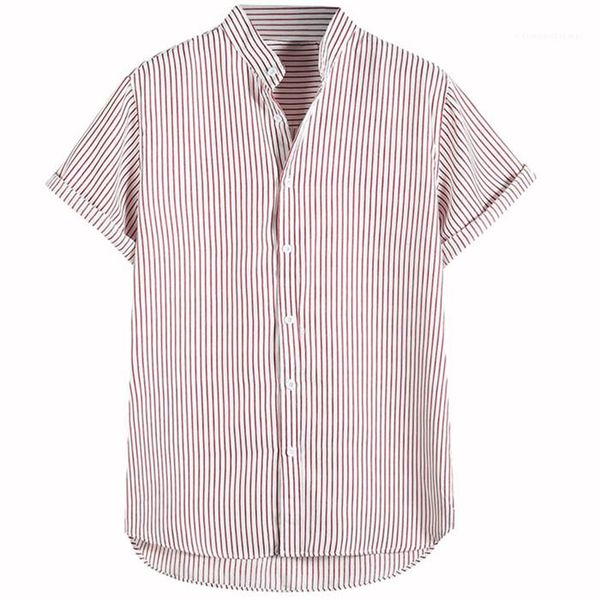 

male designer summer clothes mens striped mandarin collar shirt plus size loose breathable short sleeve shirt, White;black