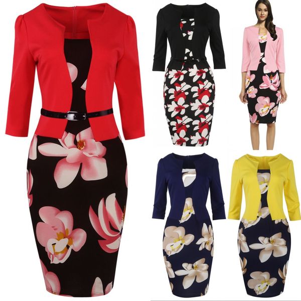 

горячие продажи vestidos 2019 женщины осень цветочные карандаш платье bodycon офис дамы платья повязки работы элегантный 4xl плюс размер fs0, White;black