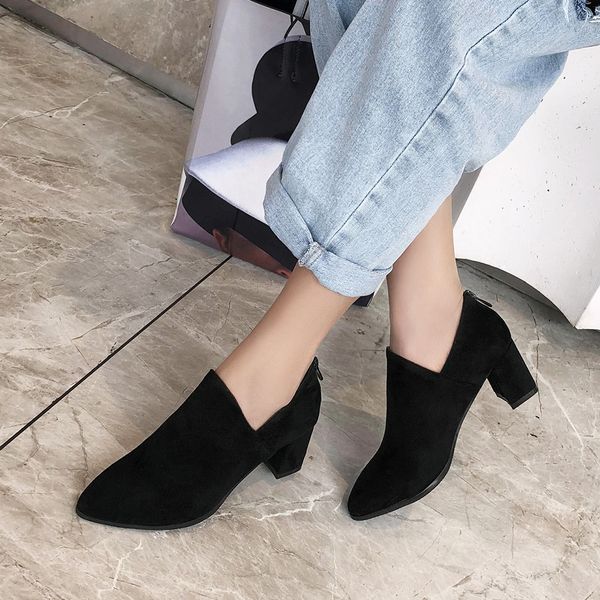 

2019 large size 48 elegant office lady booties women shoes square heeled concise casual spring shoes woman high heels, Black