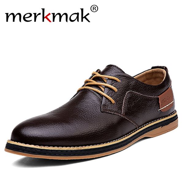 

merkmak 2019 new men genuine leather dress shoes classic lace-up flats male casual shoesbusiness winter footwear big size 38-48, Black