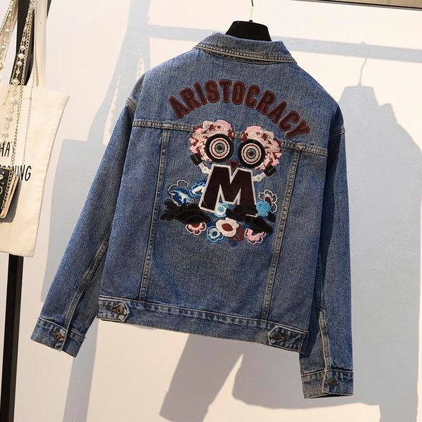 

plus size 4xl 5xl 2019 autumn outwear jacket women's long sleeve letter embroidered denim jeans jacket women basic coats, Black;brown