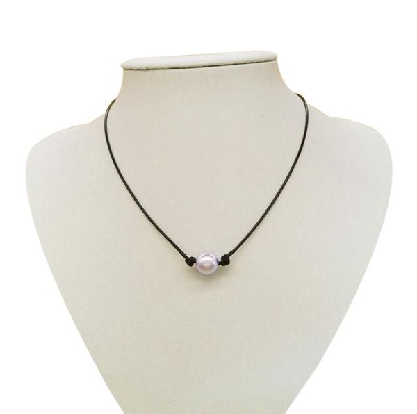 

Whole ale women black leather cord ingle pearl pendant choker necklace jewelry