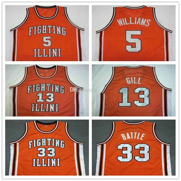 5 Deron Williams # 13 Kendall Gill # 25 Nick Anderson # 33 Kenny Battle Illinois Lutando Illini Colégio Retro Basquete Jersey Novo Costurado