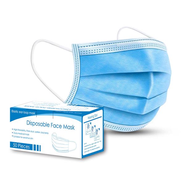 

retail 50 pieces /box 100 pcs dhl shipping blue 3 ply mask disposable face mask earloop non-woven fabric prevent flu