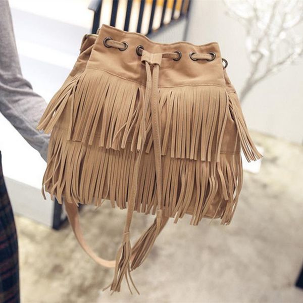 

2020 new european and american simple retro tassel drawstring bucket bag tassel bag shoulder messenger