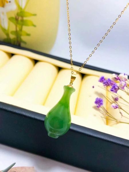 

shilovem 18k yellow gold real natural green jasper pendants classic fine jewelry women  necklace plant 13*25mm yzz1325098by, Silver
