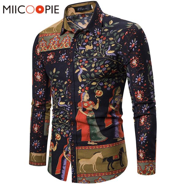 

luxury floral linen shirt men long sleeves national design printed mens hawaiian shirts dress vintage slim fit chemise homme 5xl, White;black