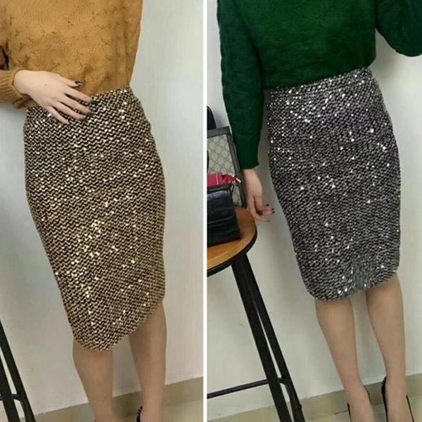 

2020 new women skirt fashion women solid color elastic high waist sequins patchwork bodycon mini skirt streetwear, Black