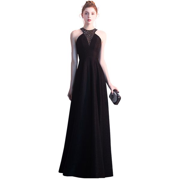 

beading evening dresses with halter neck 2020 open back evening gowns new long prom dress black royal blue burgundy, Black;red