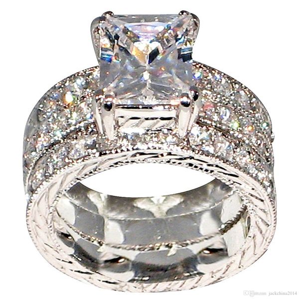 

3шт потрясающие обручальное кольцо роскошные ювелирные изделия 10kt белое золото заполненные princess cut топаз cz алмазный женщин engagemen, Slivery;golden
