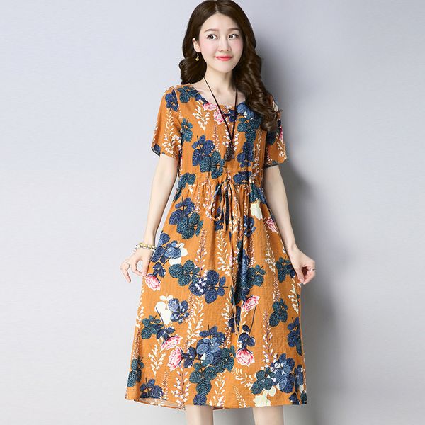 

2019 летняя одежда новый стиль этнический стиль большой размер платье свободного покроя похудения литература и искусство ретро цветочные юбк, Red