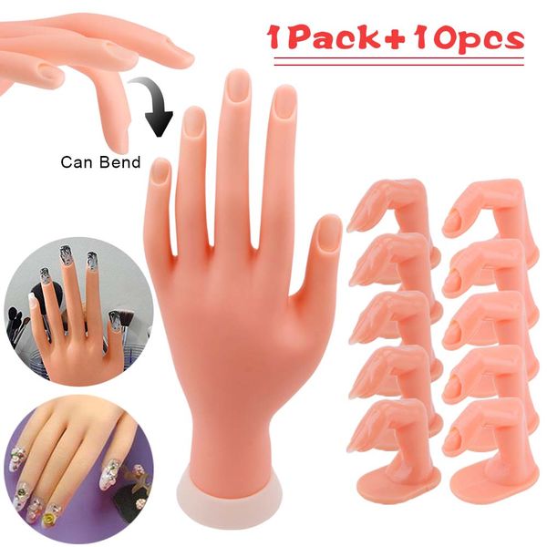 

1pc flexible soft plastic hand +5/10pcs practice fake finger for nail art acrylic uv gel training display model manicure tools, Silver