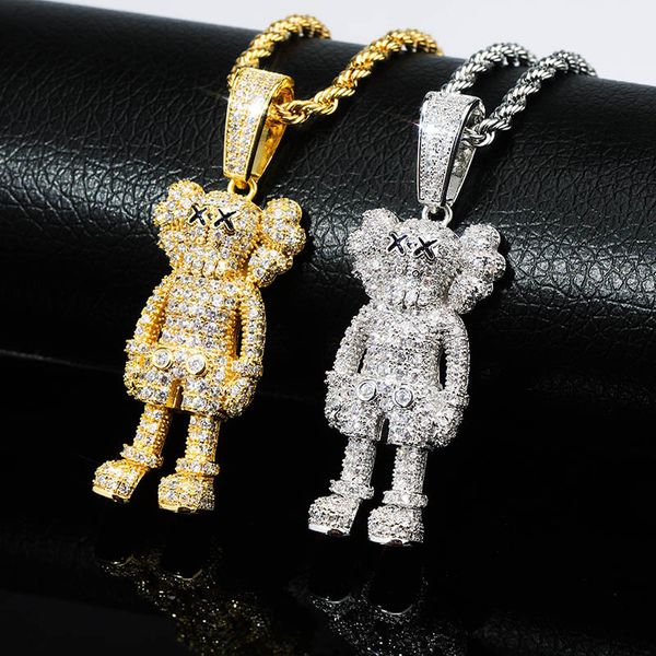 

luxury men women zircon necklaces fashion rappers jewelry exquisite 18k gold plated copper cartoon doll hip hop pendant necklaces, Silver