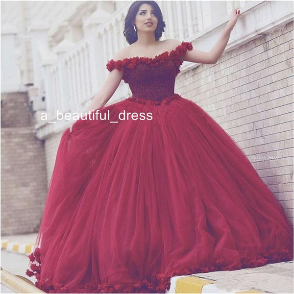 Arabian Projeto Colher frisada Pérolas Flores Off the Shoulder Red Prom Bola floral Vestidos 3D vestido de princesa Vestidos ED1150