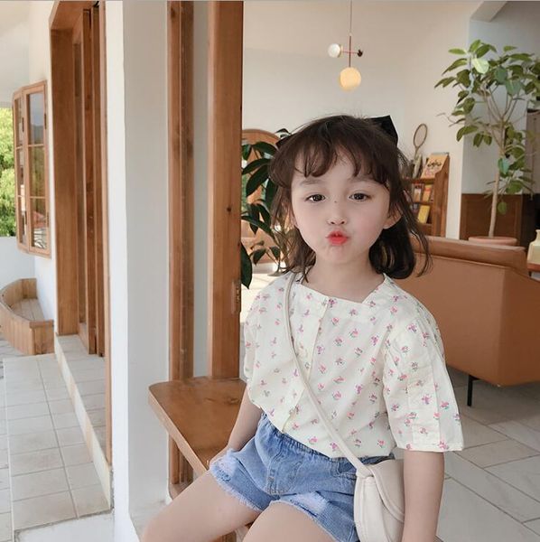 

2020 new girls printed shirt summer cotton short sleeve fashion girls blouse 2-7 years hv612, White;black
