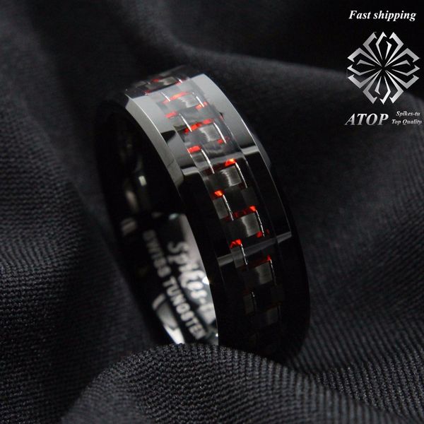 

men's tungsten ring with carbon fiber 8mm black and red men's wedding band ing, Golden;silver