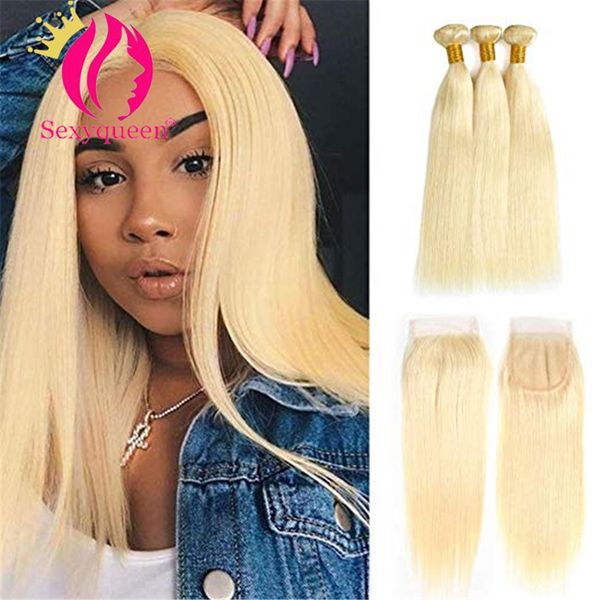 

613 blond traight hair virgin brazilian hair blonde lace clo ure with bundle brazilian virgin hair 3 bundle with clo ure, Black;brown
