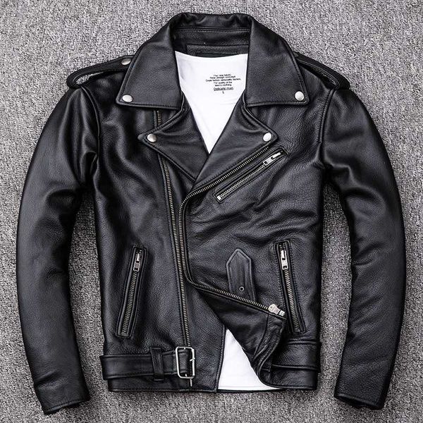 

2019 fashion genuine leather jacket men short slim fit lapel motorcycle clothing cowhideturn-down collar leather biker coat, Black