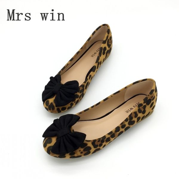 

fashion leopard print bowtie women's flats spring autumn flock round toe slip on ballet flats for woman ladies casual boat shoes, Black