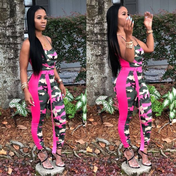 

women's spaghetti strap bodycon camouflage splicing tank jumpsuits, Black;white