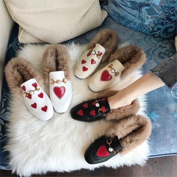 

fleece slippers women wear winter 2019 new furhalf slippers baotou flat bottom muller shoes cute heart girl warm shoes, Black