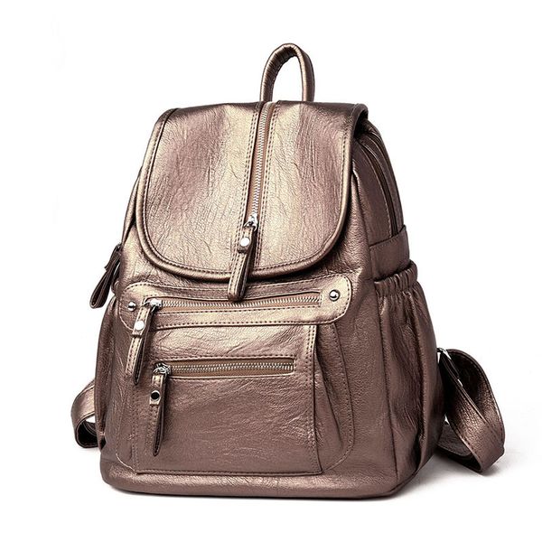 

gold pu leather backpack women soft solid bagpack backpack female bag 2019 leisure daily