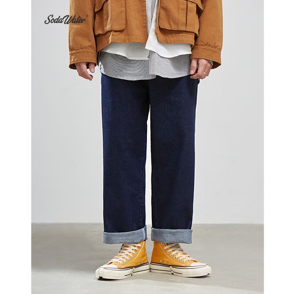 

sodawater men cotton jeans men solid straight loose fit jeans male staright blue color japanese street 94541ws
